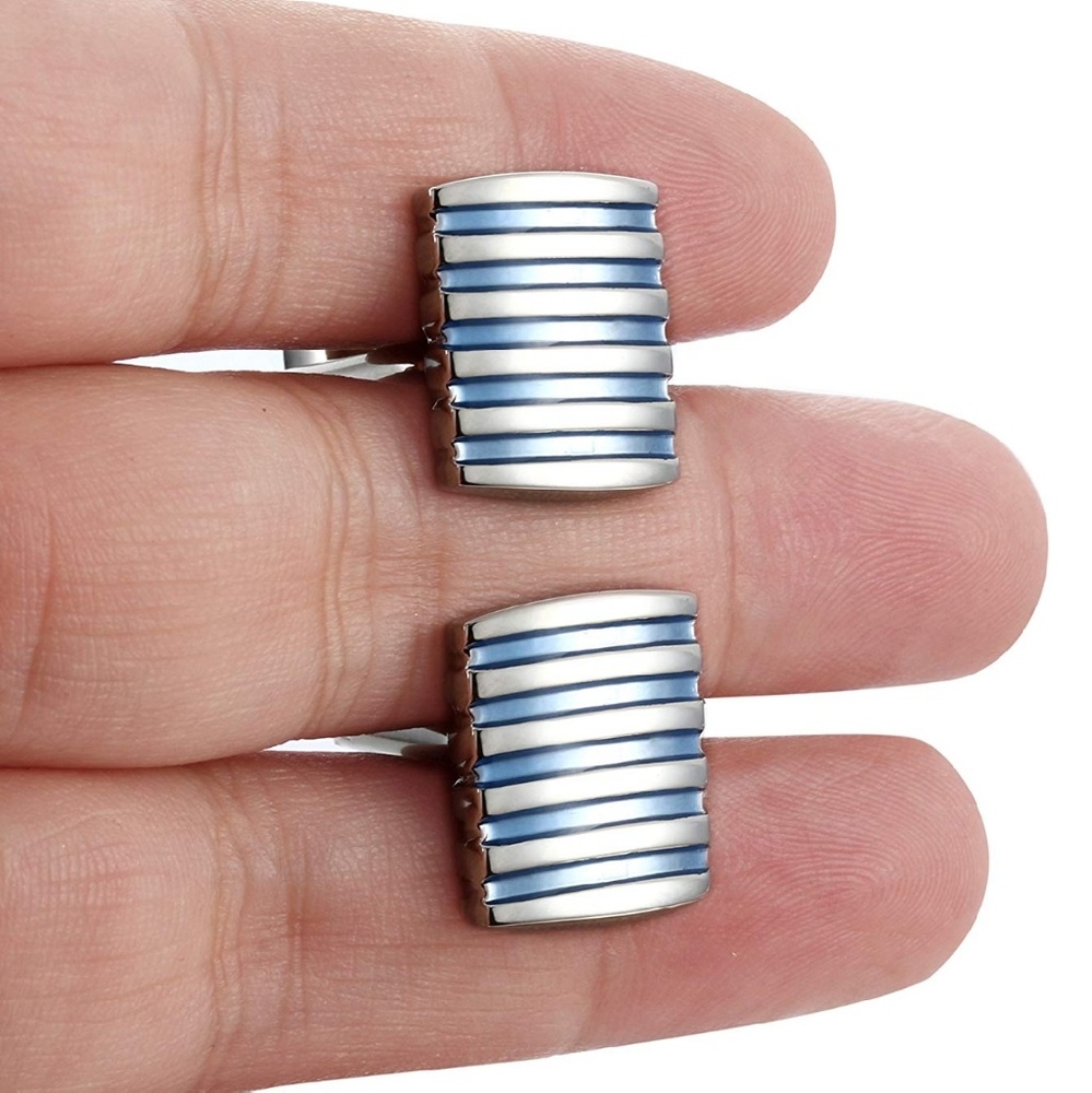 Mens Metal Striped Cuff Links Silver Blue - Picture 3 of 4